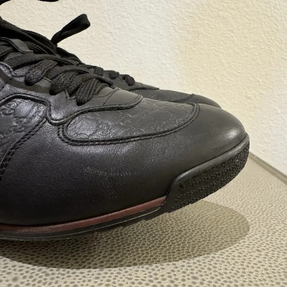 Gucci Shoes Micro Guccissima Black Leather Web Low Top Gucci Sneakers Sz 8 G